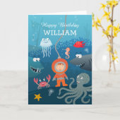 Happy Birthday Cartoon Duiker Onderwater Leven Kaart (Gele Bloem)