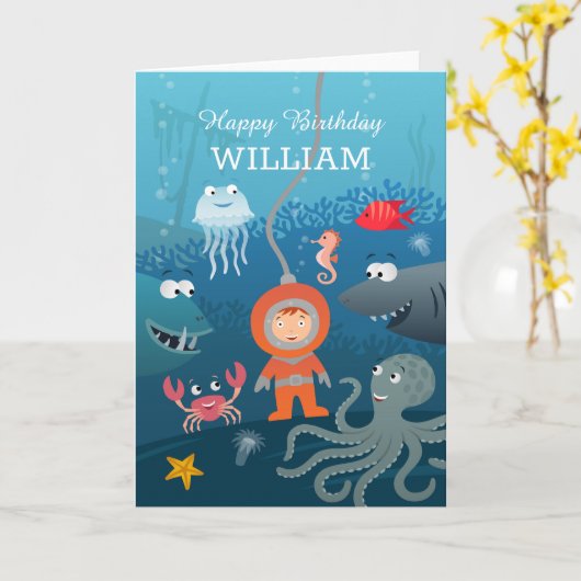 Happy Birthday Cartoon Duiker Onderwater Leven Kaart (Gele Bloem)