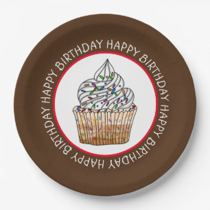 Happy Birthday Cartoon Vanilla Cupcake Papieren Bordje