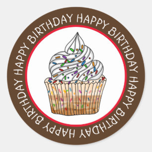 Happy Birthday Cartoon Vanilla Cupcake Ronde Sticker