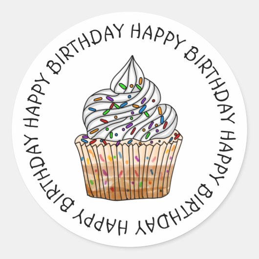 Happy Birthday Cartoon Vanilla Cupcake Ronde Sticker (Voorkant)