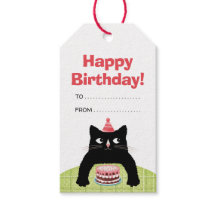 Happy Birthday cat, cake en ballonnen Gift Label