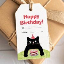 Happy Birthday cat, cake en ballonnen Gift Label