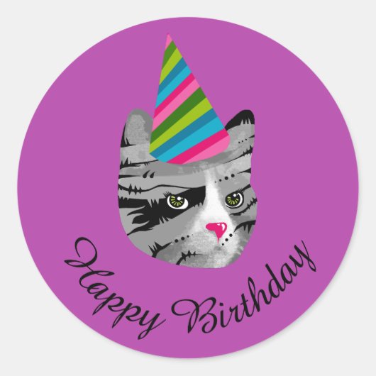 Happy Birthday Cat in Party Pet Ronde Sticker (Voorkant)