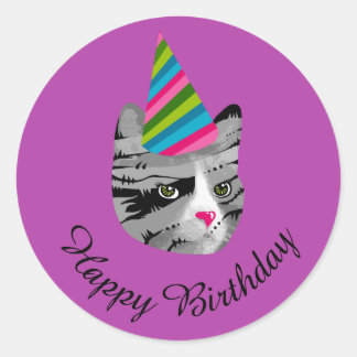 Happy Birthday Cat in Party Pet Ronde Sticker
