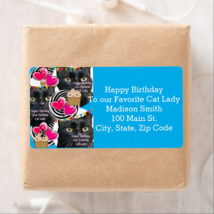Happy Birthday Cat Lady Adresetiketten, blauw labe Etiket