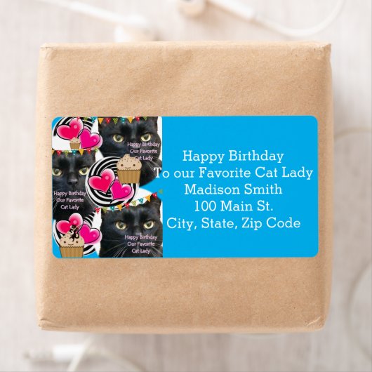 Happy Birthday Cat Lady Adresetiketten, blauw labe Etiket (Insitu)