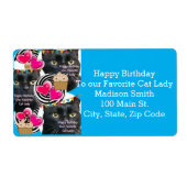 Happy Birthday Cat Lady Adresetiketten, blauw labe Etiket (Voorkant)