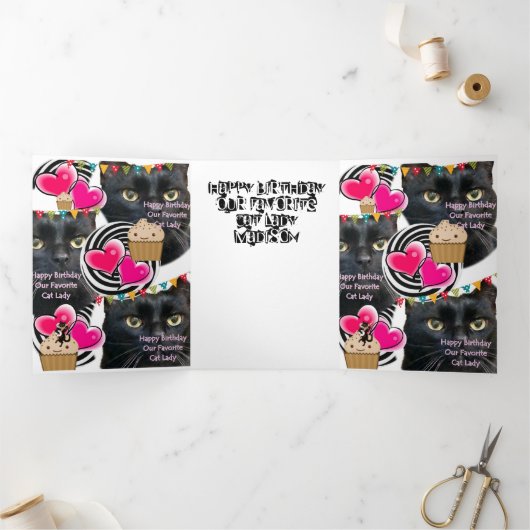 Happy Birthday Cat Lady Kaart, Cat Lady Drieluik Kaart (Binnen)
