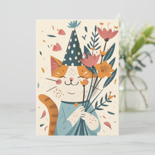 Happy Birthday Cat met Flowers Kaart (Staand voorkant)