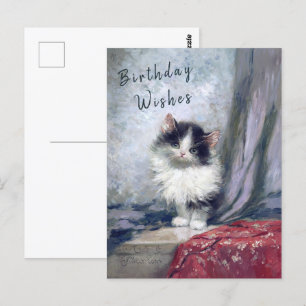 Happy Birthday Cat Oil Painting Red Grey   Briefkaart