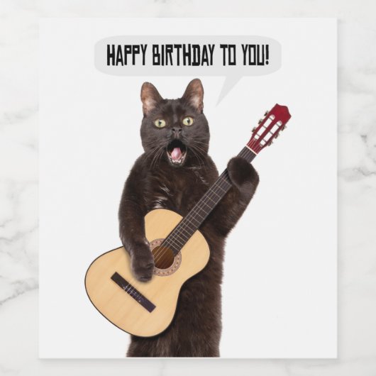 Happy Birthday Cat Singing and Palling Guitar Holi Wijn Etiket (Enkel label)