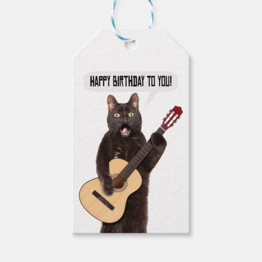 Happy Birthday Cat Singing and Plays Guitar Cadeaulabel (Voorkant)