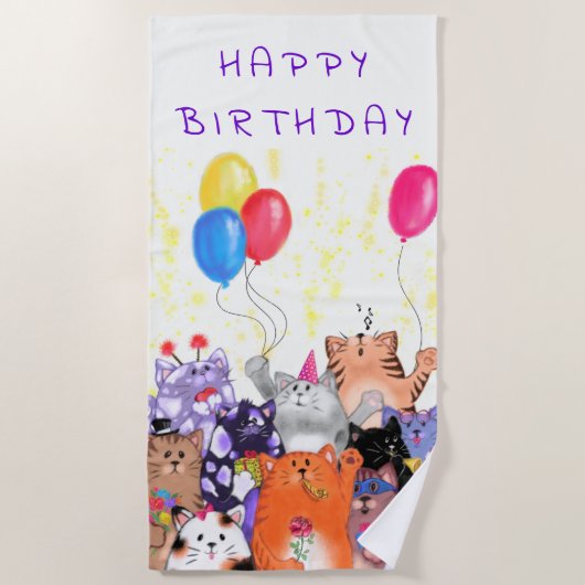 Happy Birthday Cats Party Beach Towel - Jouw tekst Strandlaken (Voorkant)