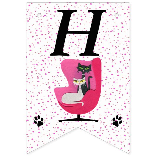 Happy Birthday Cats Roze Stoel Mid Century Stippen Vlaggetjes (Eerste vlag)