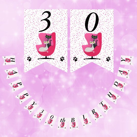 Happy Birthday Cats Roze Stoel Mid Century Stippen Vlaggetjes