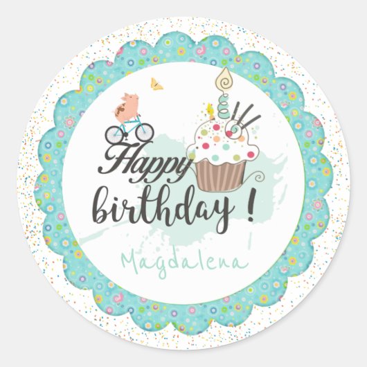 Happy Birthday Celebration Party Schattigee Cupcak Ronde Sticker (Voorkant)