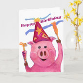 Happy Birthday Celebration Pig Card Kaart (Gele Bloem)