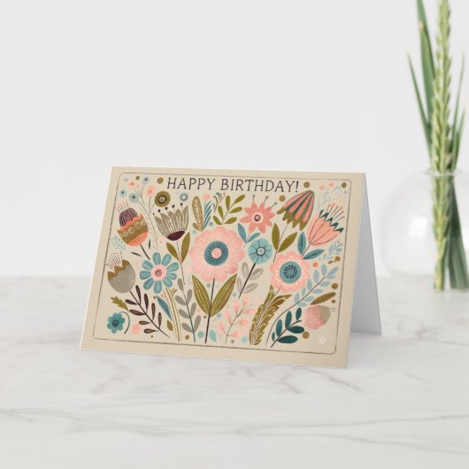 Happy Birthday Cheery Gouache Folk Art Floral Bedankkaart (Voorkant)