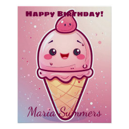Happy Birthday Cherry Ice-cream Kawaii Cartoon Perfect Poster