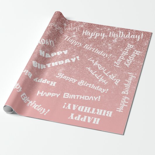 Happy Birthday Chic Roos Gold Glitter Pink Cadeaupapier (Uitgerold)