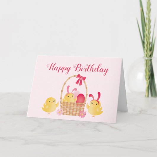 Happy Birthday Chicks Bunny Ears Pink Kaart (Voorkant)