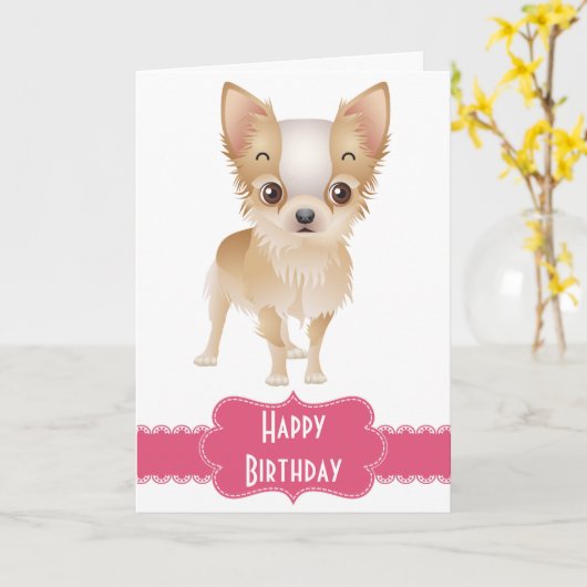 Happy Birthday Chihuahua Puppy Dog Wenskaart Kaart (Gele Bloem)