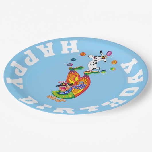 Happy Birthday Clown and dog juggler Papieren Bordje (Gekanteld)