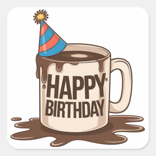 Happy Birthday Coffee Cup met feest pet Vierkante Sticker (Voorkant)