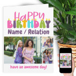 Happy Birthday Colorful Candles 3 Foto Collage Kaart<br><div class="desc">Persoonlijke Happy Birthday-fotokaart met kleurrijke kaarsen. De sjabloon is klaar voor u om 3 van uw favoriete foto's toe te voegen en de tekst te personaliseren met een naam of een relatie (bijvoorbeeld Isabella/bestie/zus), een bericht onderaan, zoals "heb een geweldige dag!". U kunt het bericht ook aanpassen binnenin als u...</div>