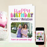 Happy Birthday Colorful Candles Cute Photo Kaart<br><div class="desc">Persoonlijke Happy Birthday-fotokaart met kleurrijke kaarsen. De sjabloon is klaar voor u om 3 van uw favoriete foto's toe te voegen en de tekst te personaliseren met een naam of een relatie (bijvoorbeeld Isabella/bestie/zus), een bericht onderaan, zoals "heb een geweldige dag!". U kunt het bericht ook aanpassen binnenin als u...</div>