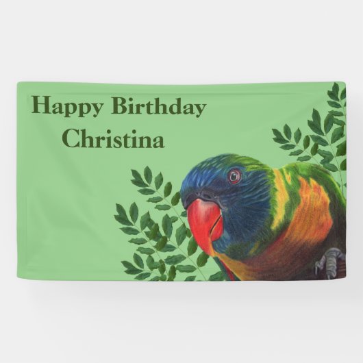 Happy Birthday Colorful Macaw Parrot Green Leaves Spandoek (Horizontaal)
