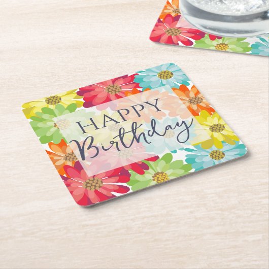 Happy Birthday Colorful Spring Flowers Kartonnen Onderzetters (Schuin)