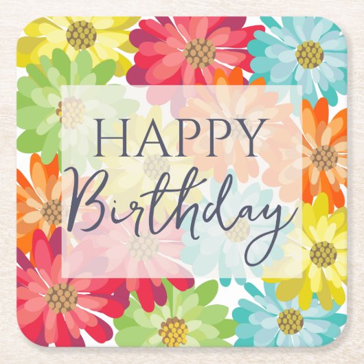 Happy Birthday Colorful Spring Flowers Kartonnen Onderzetters (Voorkant)
