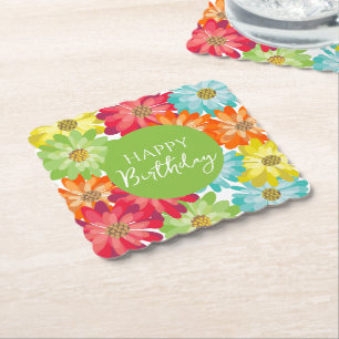 Happy Birthday Colorful Spring Flowers Kartonnen Onderzetters