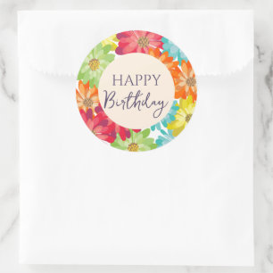 Happy Birthday Colorful Spring Flowers Ronde Sticker