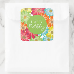Happy Birthday Colorful Spring Flowers Vierkante Sticker