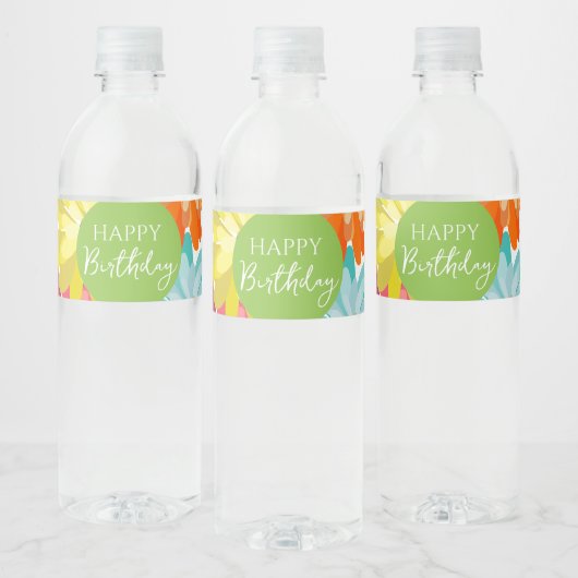 Happy Birthday Colorful Spring Flowers Waterfles Etiket (Flessen)
