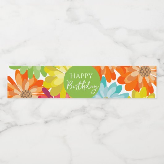 Happy Birthday Colorful Spring Flowers Waterfles Etiket (Enkel label)