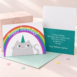 Happy Birthday Colorful Unicorn Cat and Rainbow Kaart