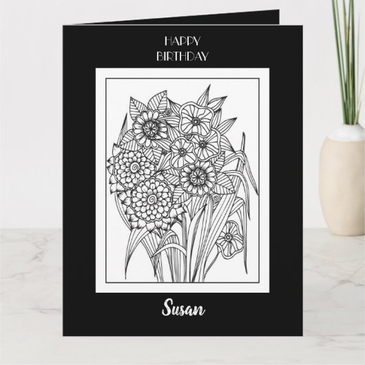 Happy Birthday Coloring Kaart Flower Design (Voorkant)
