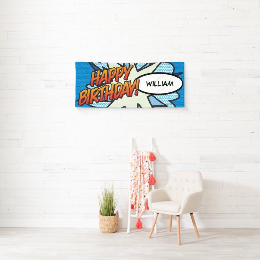 HAPPY BIRTHDAY Comic Book Pop Art Blue Spandoek (Insitu)