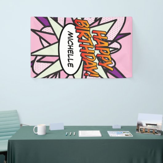 HAPPY BIRTHDAY Comic Book Pop Art Pink Spandoek (Beurs)