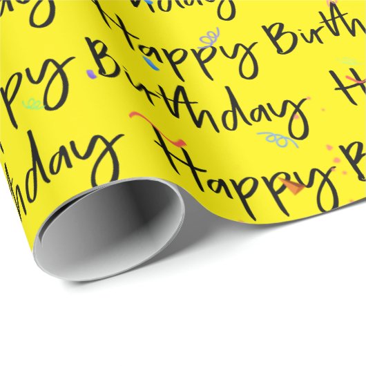 Happy Birthday Confetti op Gellow Wrapping Paper Cadeaupapier (Rol Hoek)