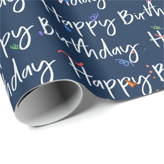 Happy Birthday Confetti op Navy Wrapping Paper Cadeaupapier (Rol Hoek)