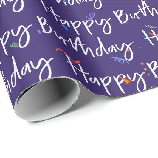 Happy Birthday Confetti op Paarse Cadeaupapier (Rol Hoek)