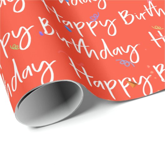 Happy Birthday Confetti op Sinaasappel Cadeaupapier (Rol Hoek)