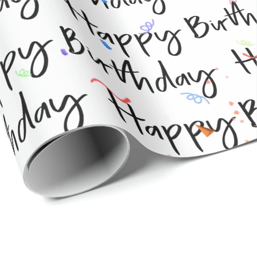 Happy Birthday Confetti op Wit Cadeaupapier (Rol Hoek)