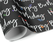 Happy Birthday Confetti op zwart Cadeaupapier (Rol Hoek)