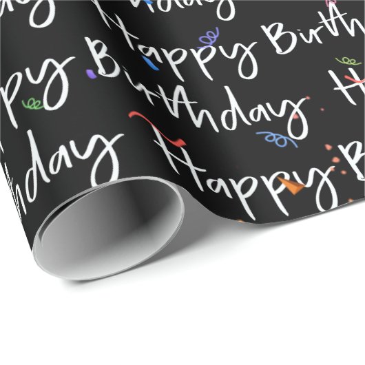 Happy Birthday Confetti op zwart Cadeaupapier (Rol Hoek)